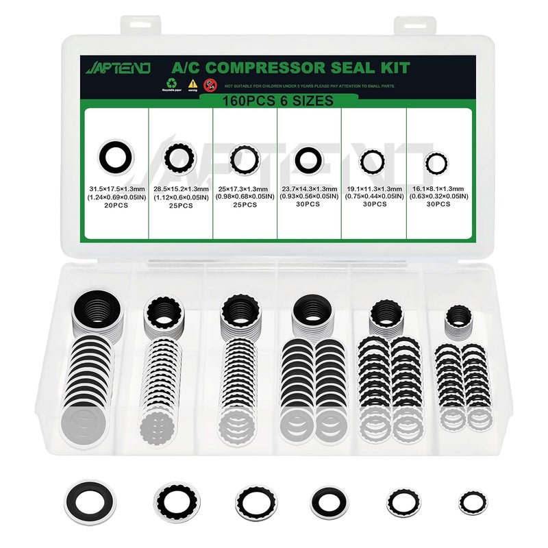 Japtend 160PCS Air Conditioning System Compressor Seal Washers Assortment Kit, 6 Sizes Automotive A/C Compressor Port Bonded Seal Gasket Kit (Black) - Image 1